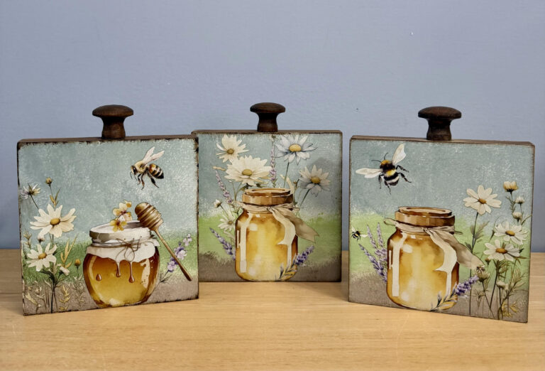 Honey Bee Decor Blocks with Blended Stains and Vintage Transfers