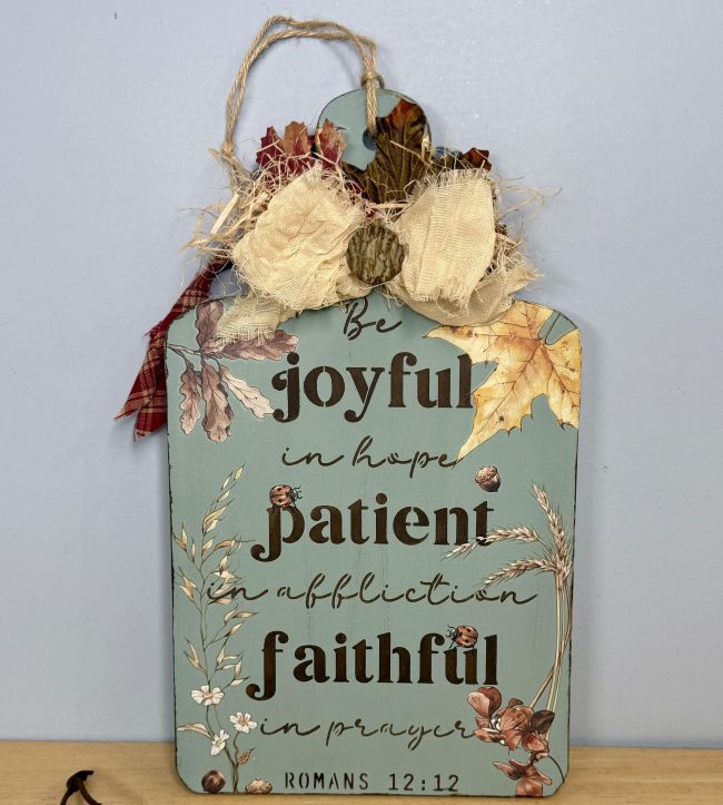 DIY Double-Sided Fall Cutting Board Decor with Romans 12:12